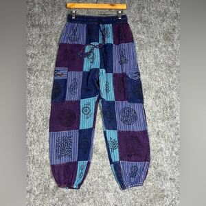 Boho Patchwork Drawstring Pants in Teal and Purple Size M 100% Cotton